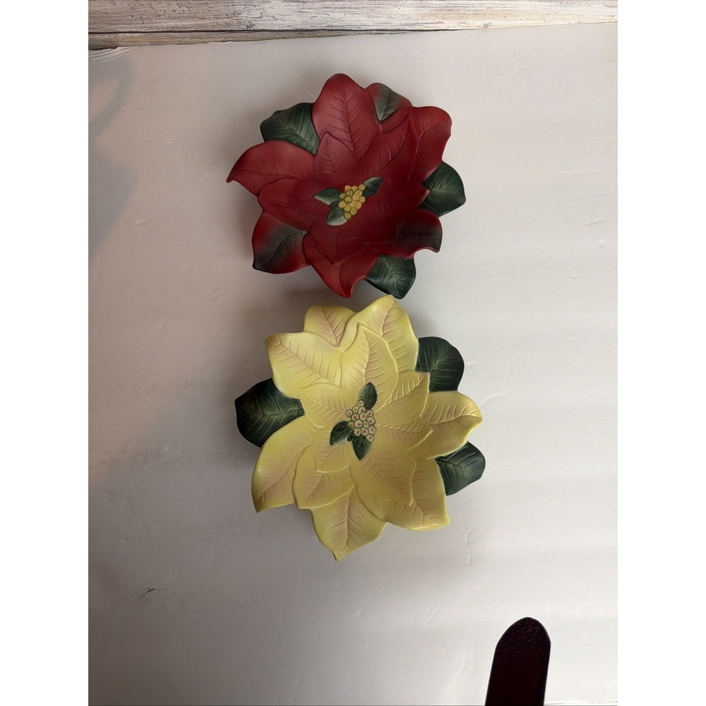 PartyLite Poinsettia Pair Ceramic Flowers Christmas Decor Red and Yellow